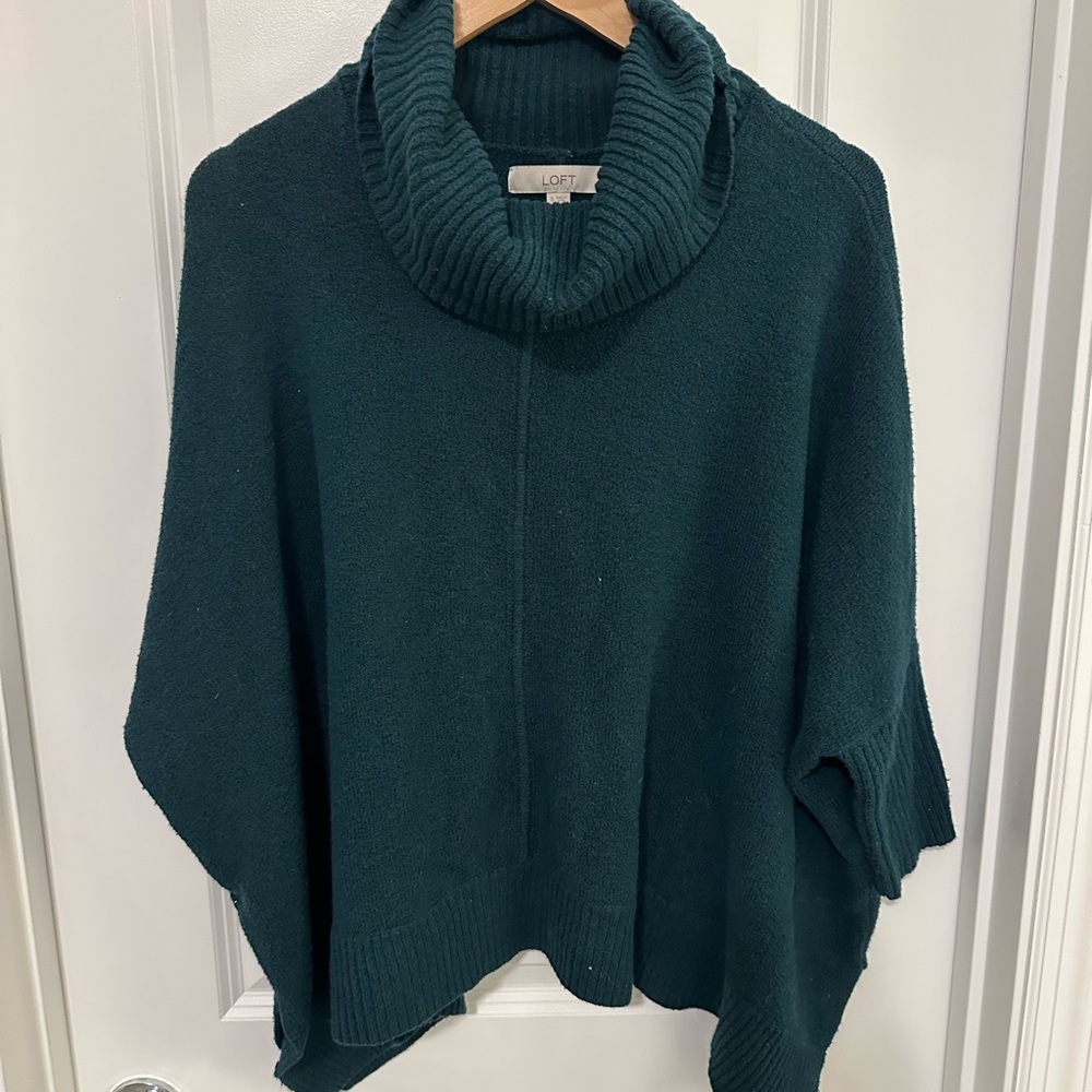 LOFT Green Cowl Neck Sweater with Asymmetrical Hem